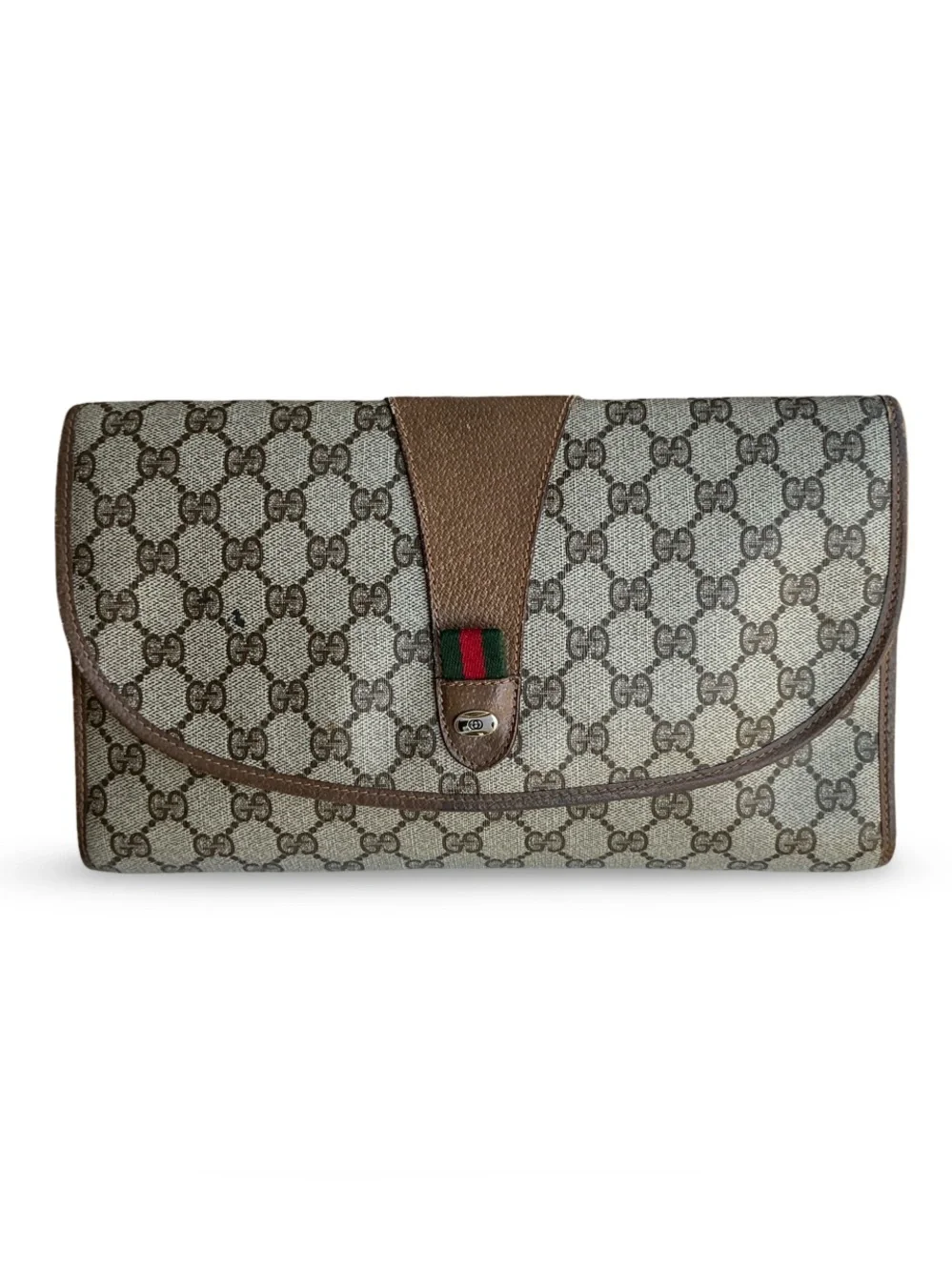 Gucci Beige GG Supreme Canvas Clutch with Brown Trim and Green-Red Web